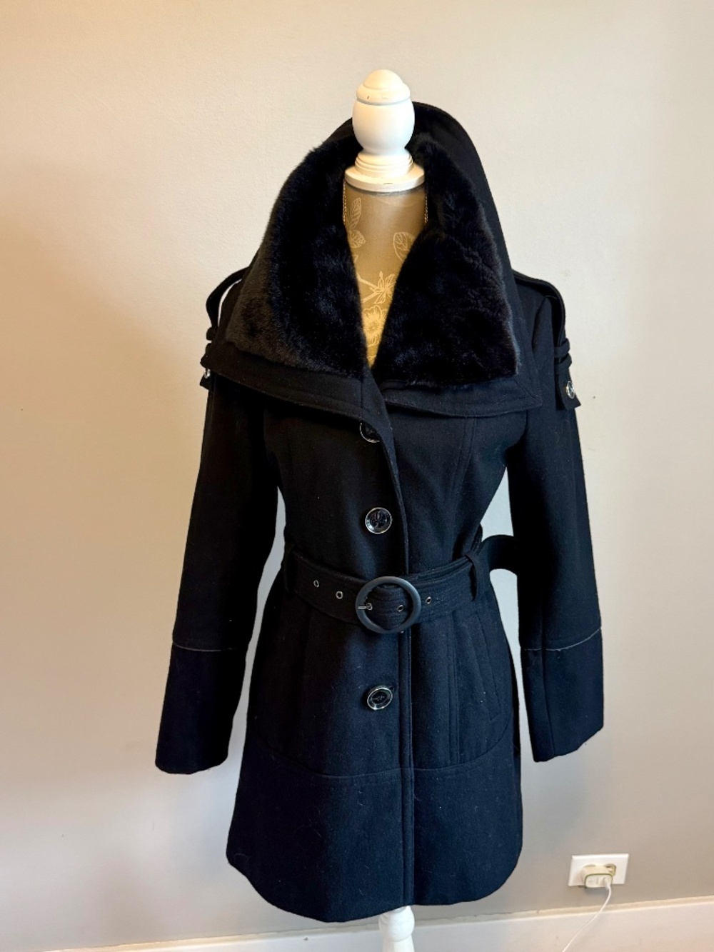 Miss Sixty M60 Y2K Black Wool Blend Belted Faux Fur Collar Coat S